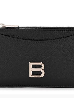 Balenciaga Black Leather Card Case with Metal 'B' Logo